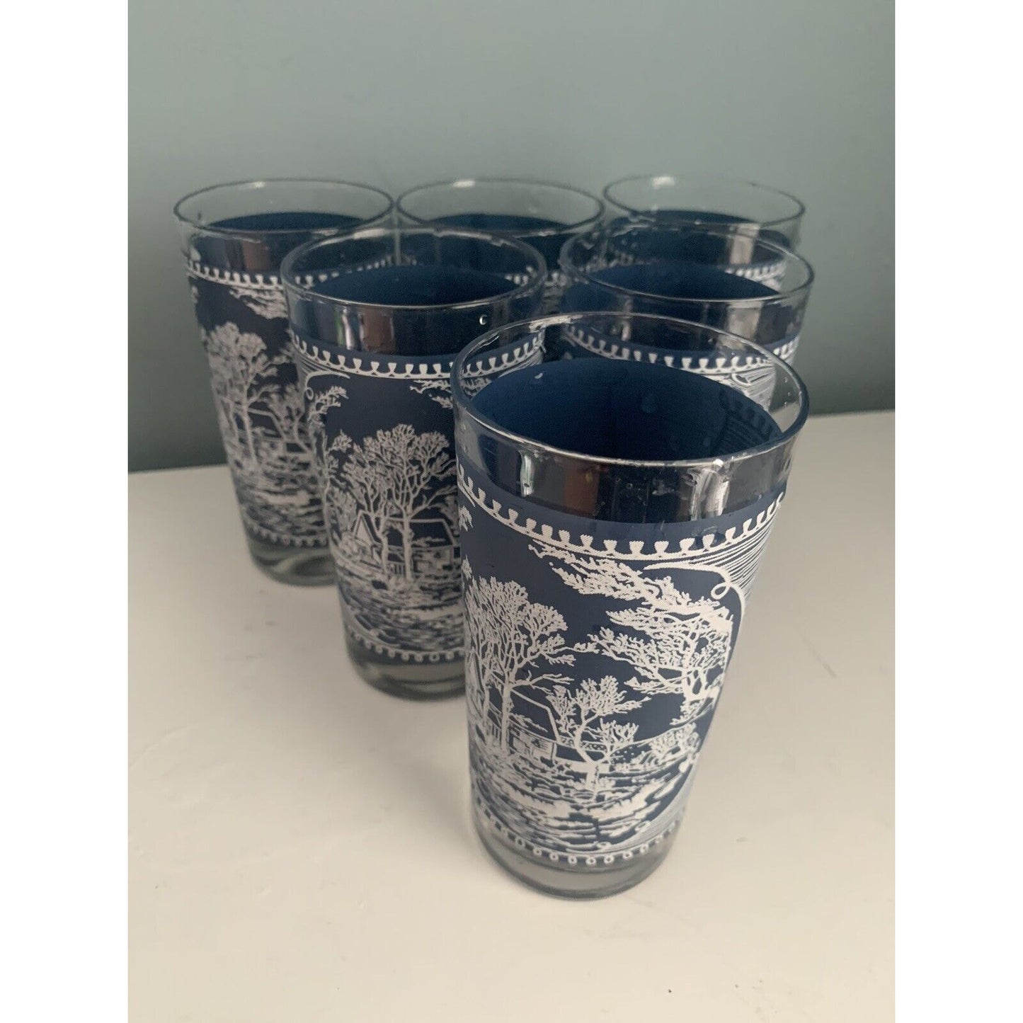 6 Currier & Ives Royal Blue 12 Oz. Tumbler Old Grist Mill Vintage Glasses USA