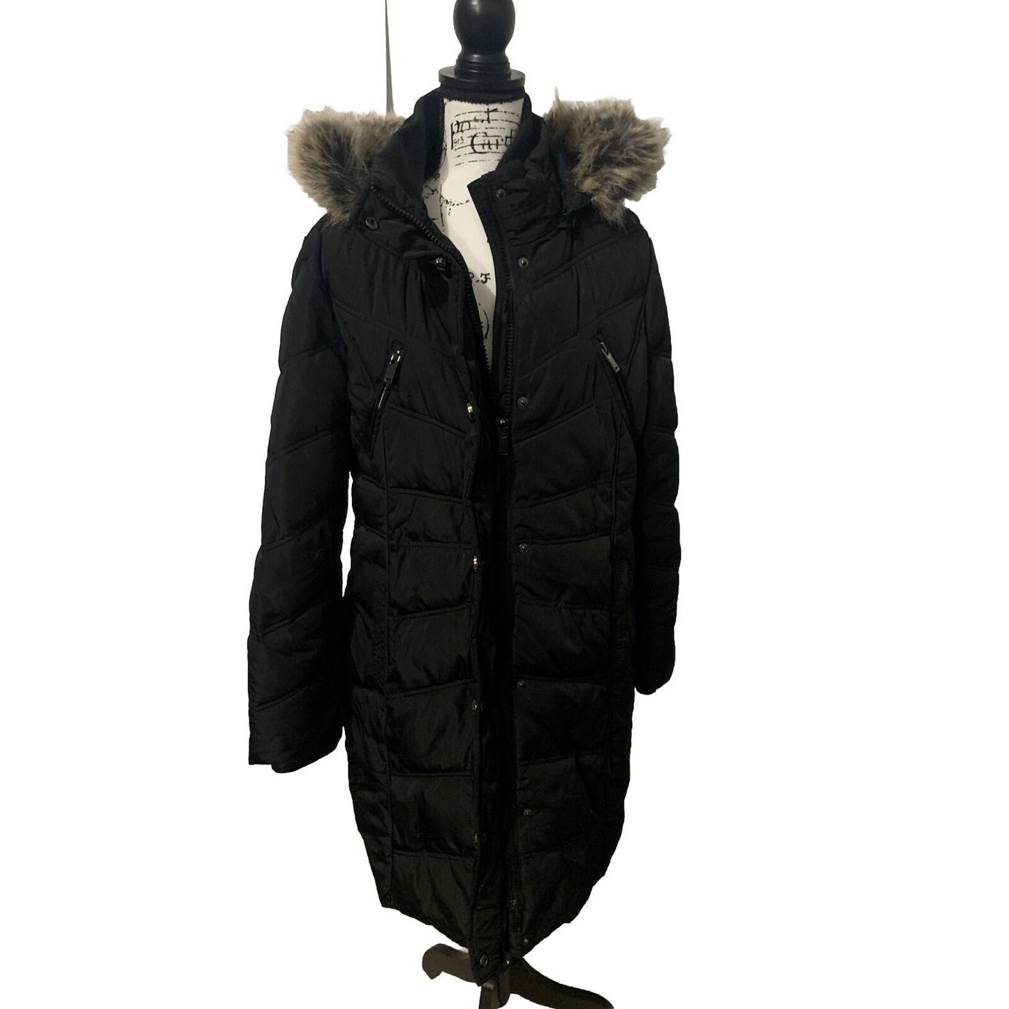 Junior Size XL Long Black Detachable Faux Fur Hooded Coat By Sophie Madison