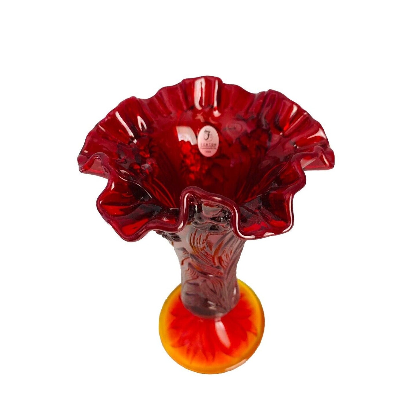 EUC Fenton Glass Ruby Red Amberina Stretch Vase Flowers Ruffled Tulip Orange