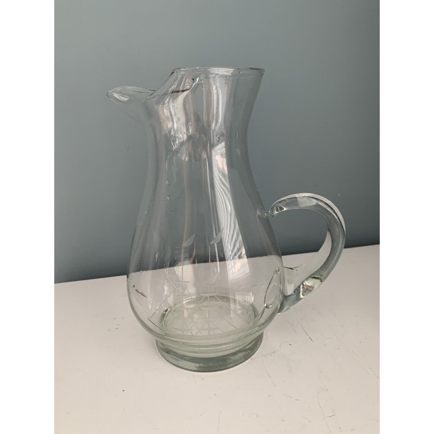 Vintage Crystal Pitcher Etched Clipper Ship Vintage Barware MCM Nautical Sail