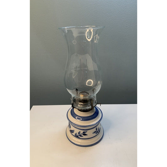 Vintage Lamplight Farms USA Ceramic Delft Style Hurricane Oil Lamp Blue Floral