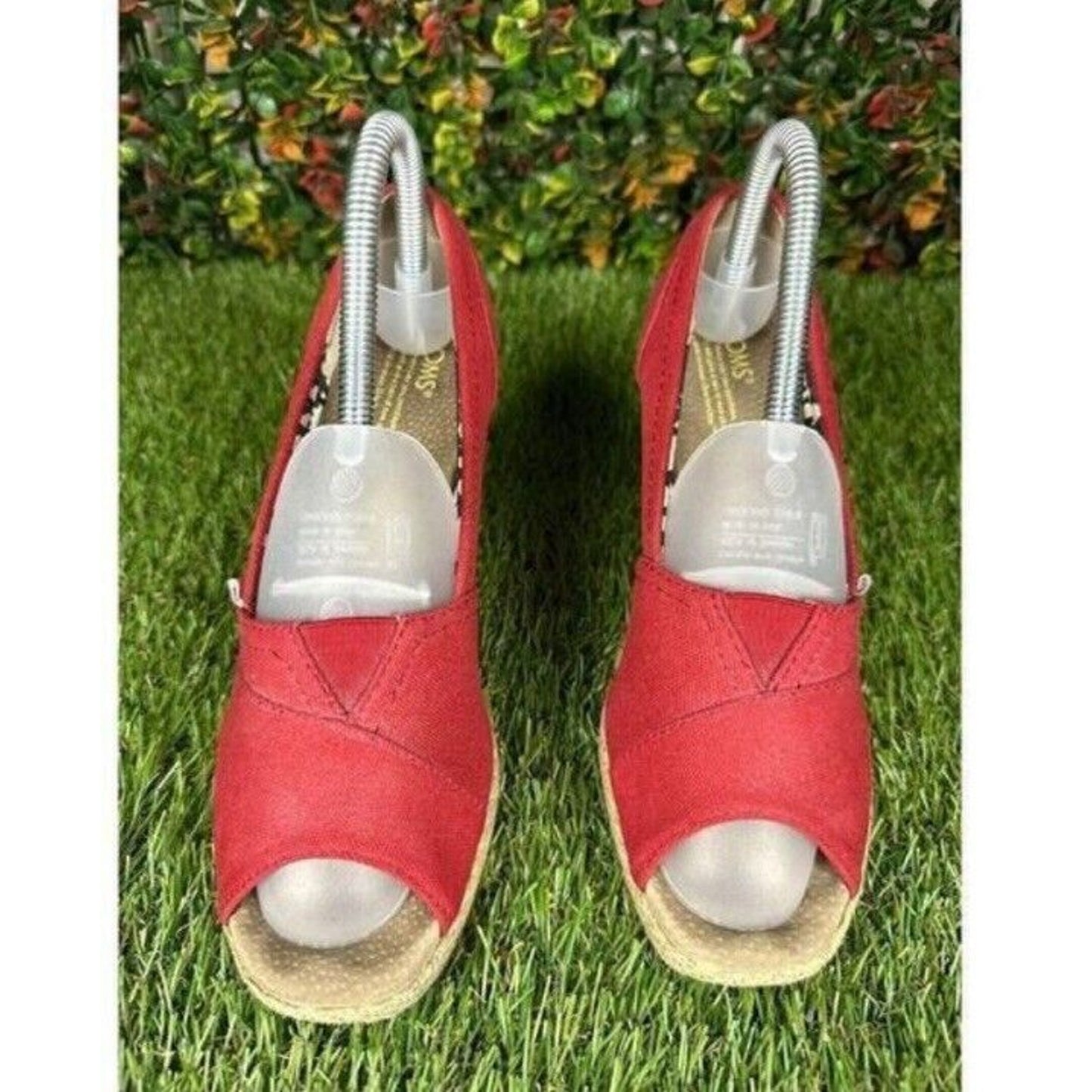 Toms Womens Wedges Size 7.5W Wide Red Classic Canvas Espadrille Slip On Peep Toe