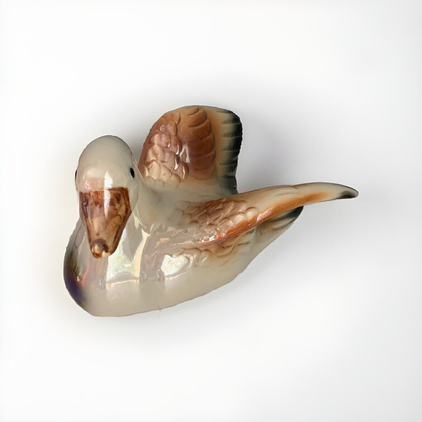 Ceramic Glazed White and Brown Duck Figure