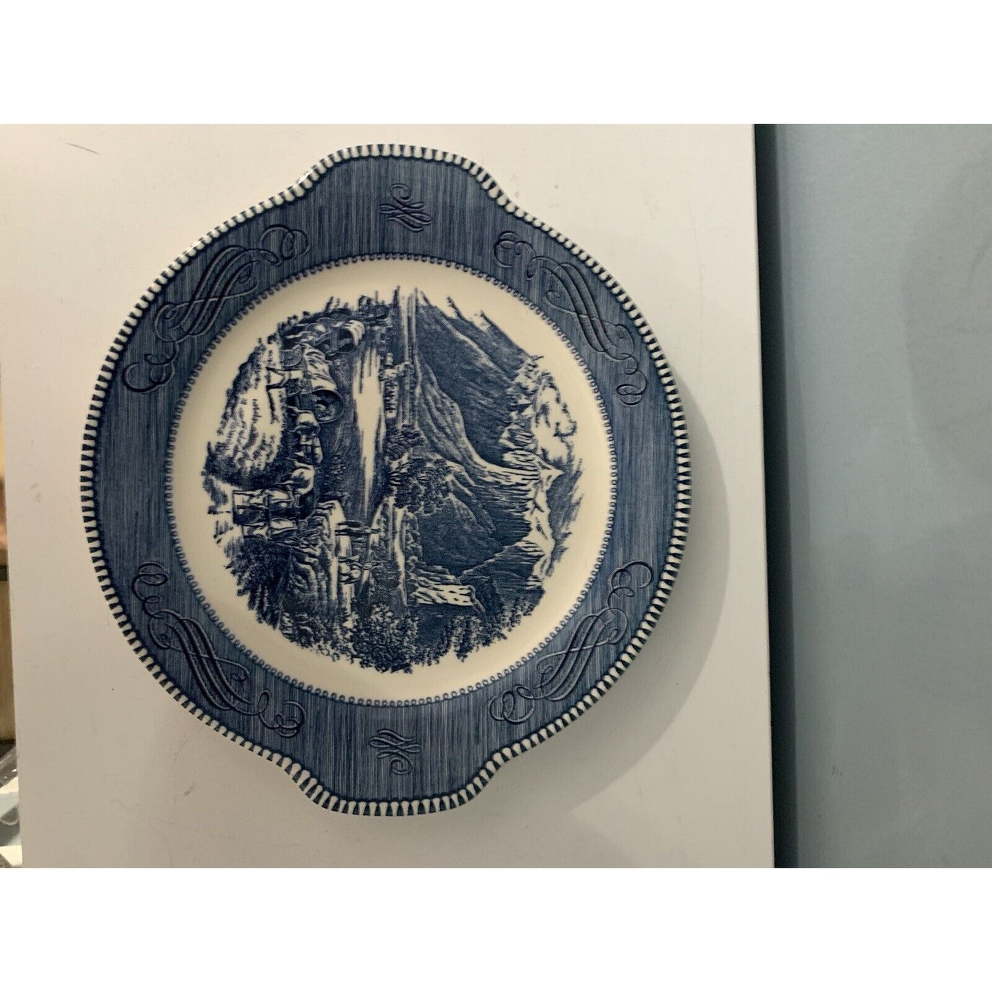 Currier & Ives Cake Plate Blue White Royal The Rocky Mountains Underglaze Print