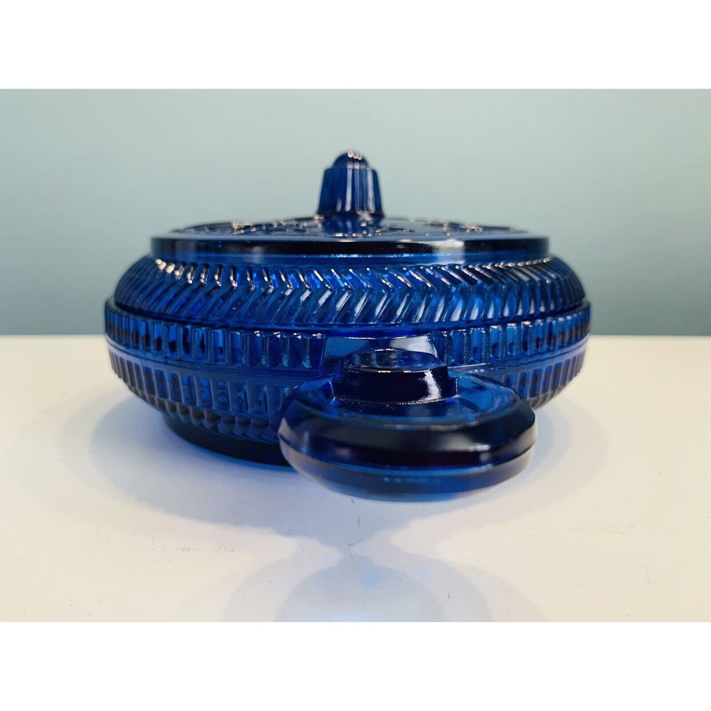 Imperial Glass Cobalt Blue Pocket Watch Lidded Candy Dish Nautical Decor Clock