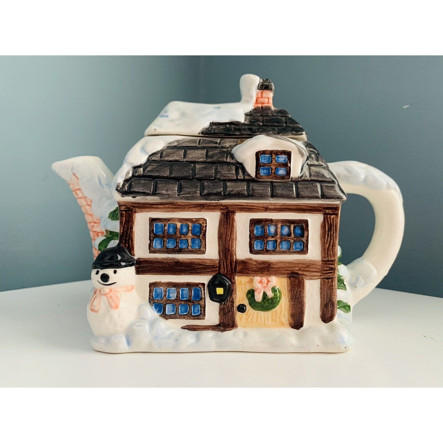 Ceramic Teapot House In Winter Scene By Scott's Inc. Snowman Christmas House Tea