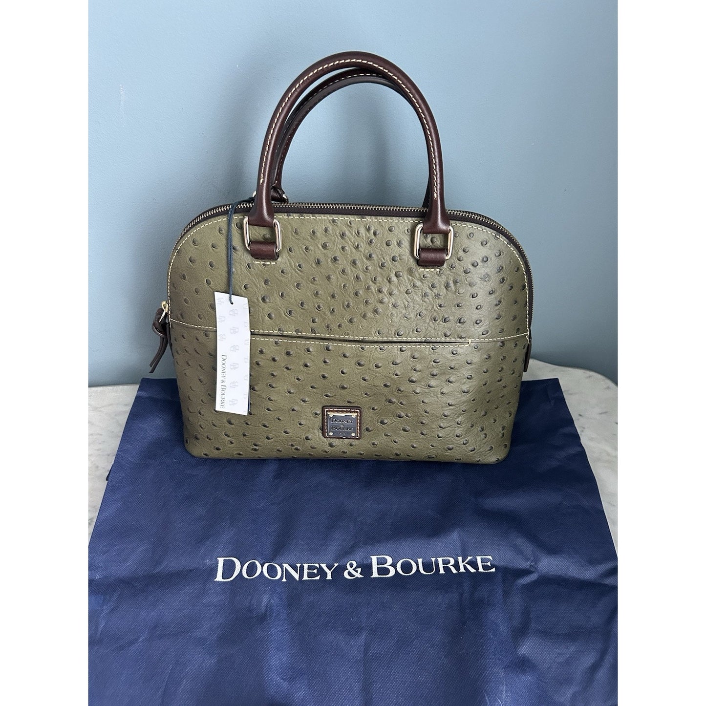 NWT Dooney & Bourke Genuine Ostrich Leather Carter Satchel Olive Brown Dome COA