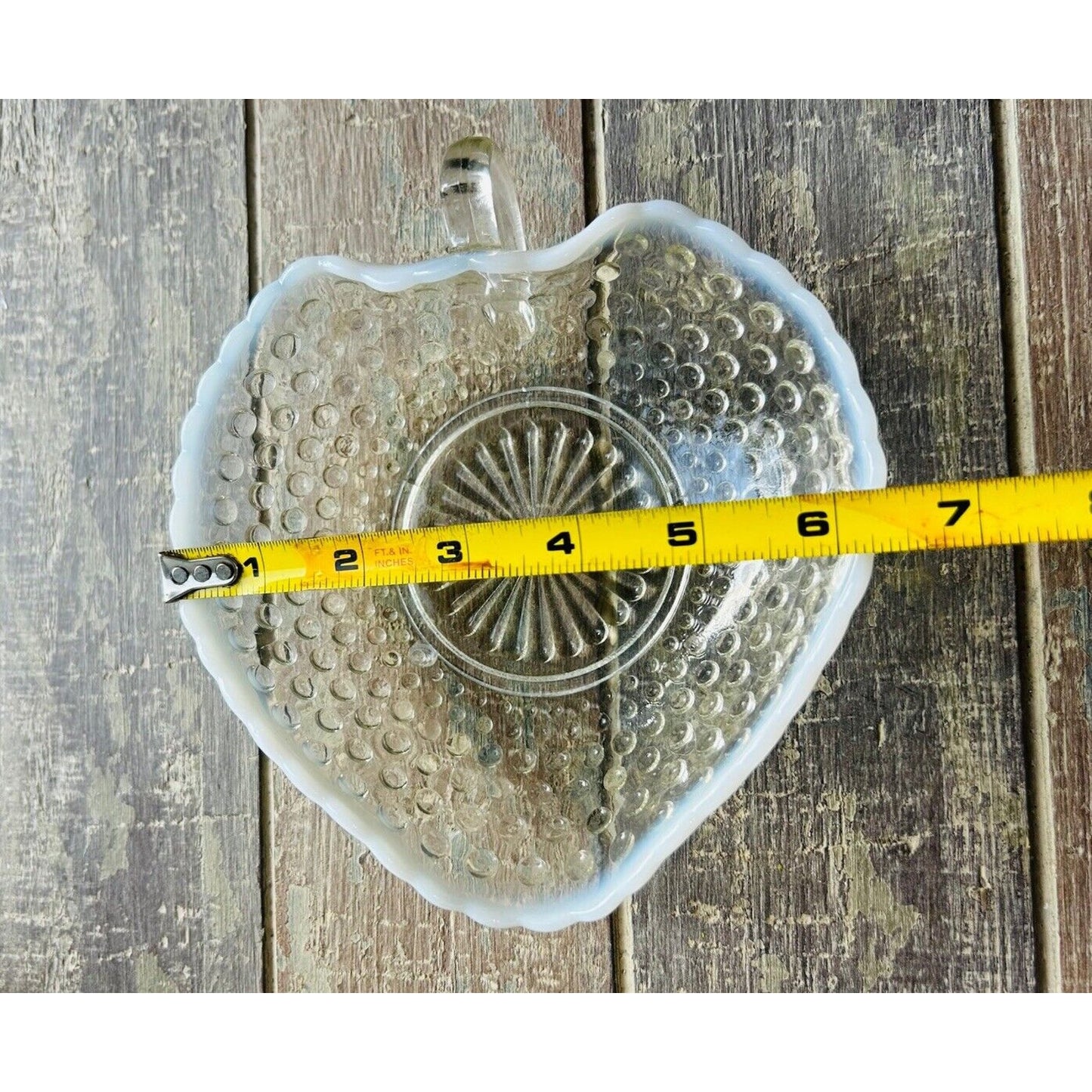 Vintage Hobnail Opalescent Edge Heart shaped Bowl Dish White Trim Moonstone