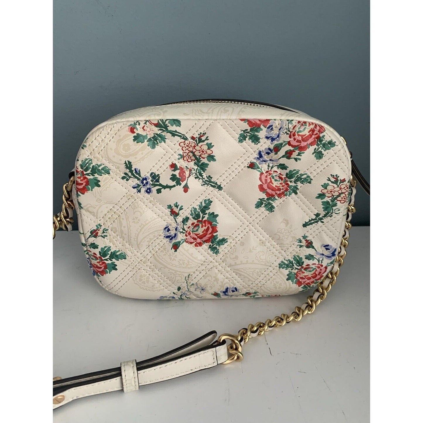 Tory Burch Floral Fleming Soft Printed Leather Purse Crossbody Bag Quilted Ivory