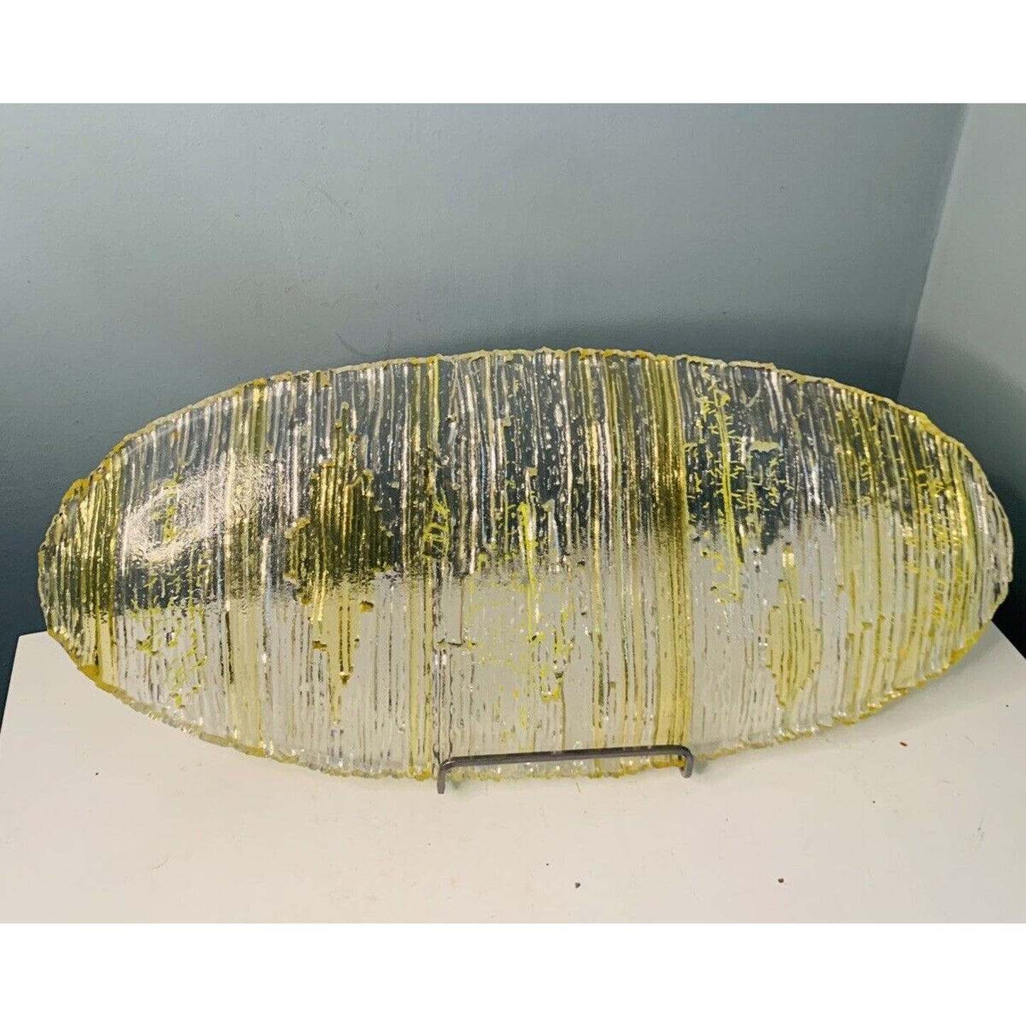 Large Art Textured Glass Yellow Platter Solid Heavy Plate Serving Tray Decor