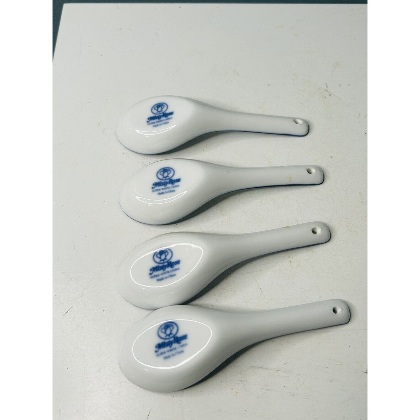 4 Misty Rose Koi Fish Soup Spoons Ladles Porcelain Blue Super White China Fish