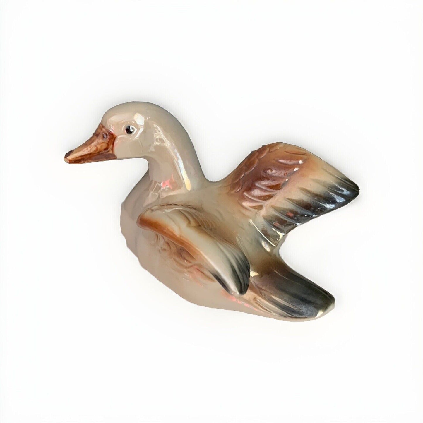 Ceramic Glazed White and Brown Duck Figure