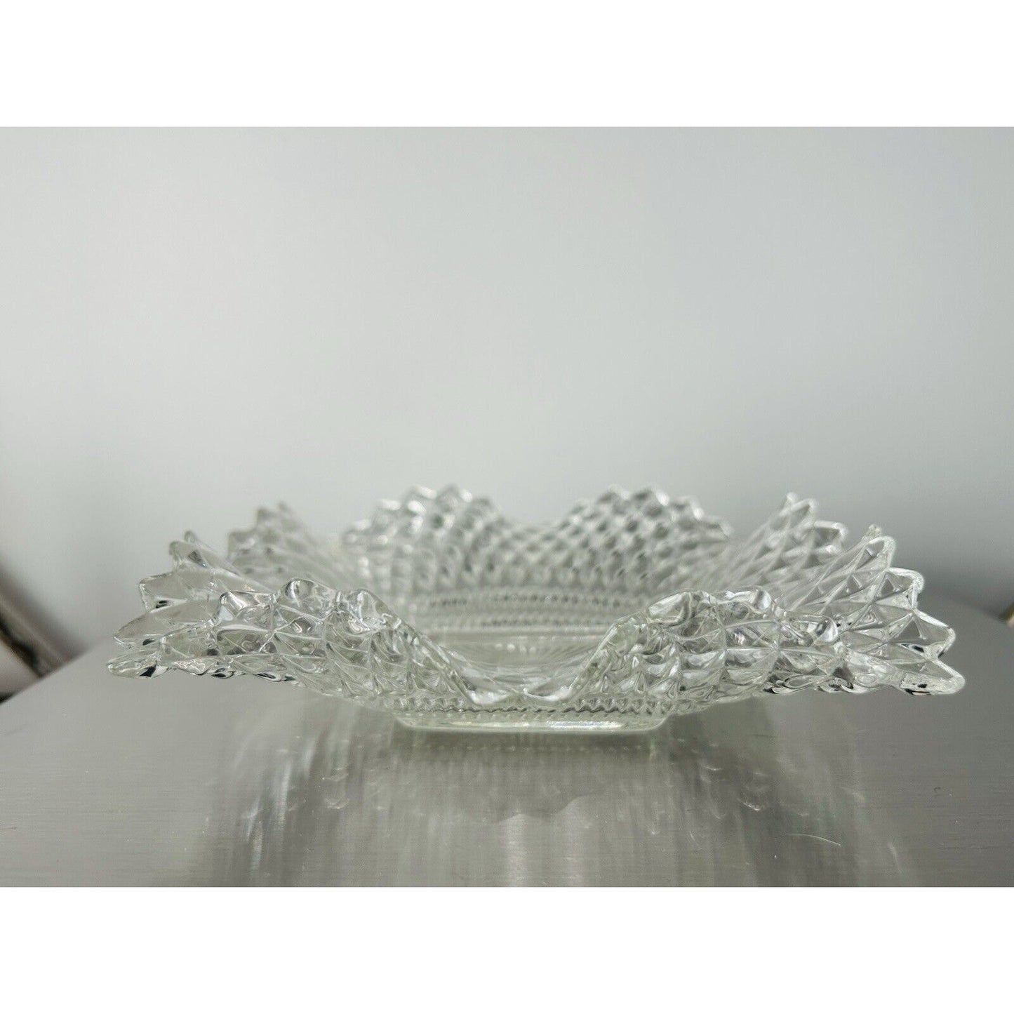 Indiana Glass Clear Depression Glass Square Ruffled Diamond Point 7" Dish Vintag