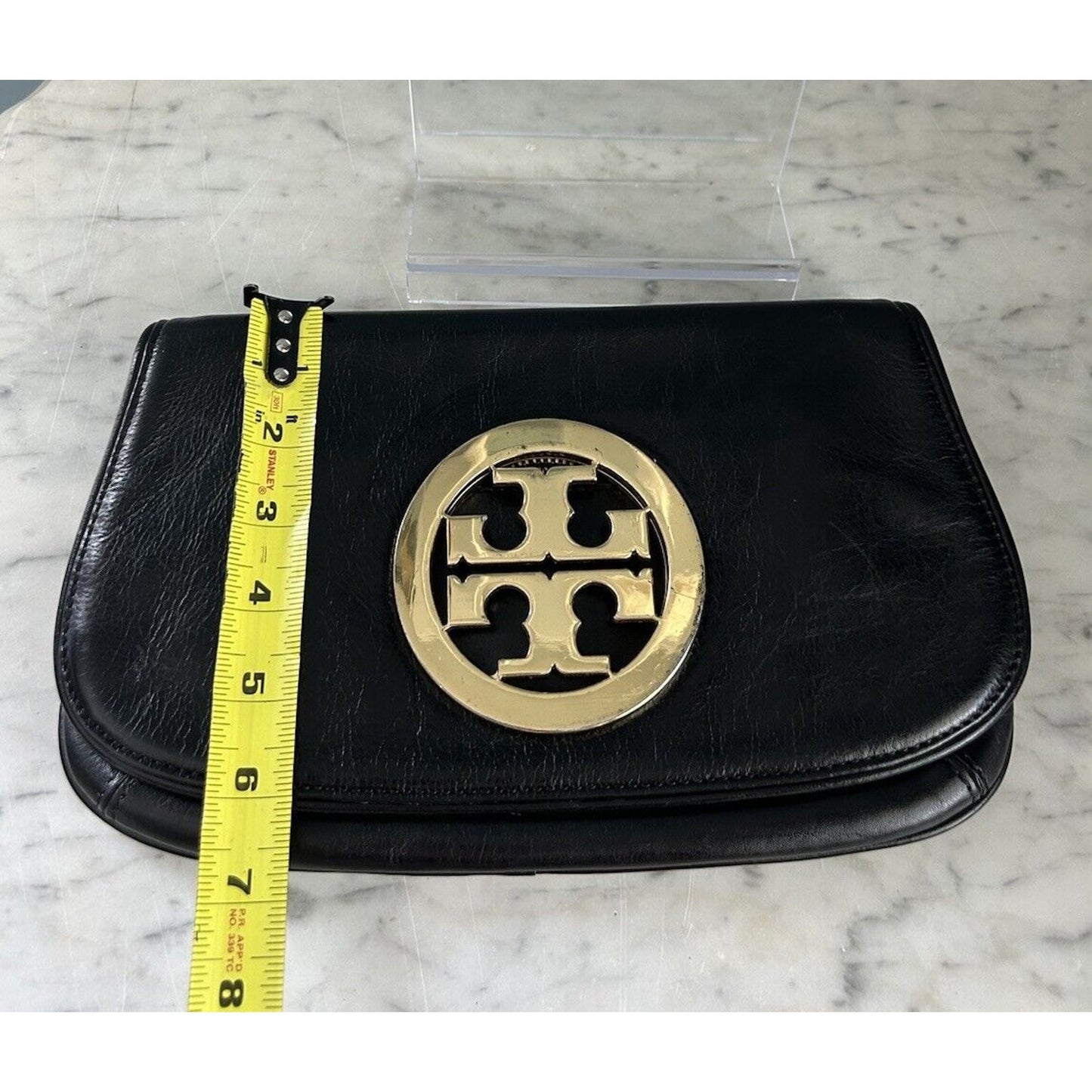 Tory Burch Reva Black Leather Purse Detachable Gold Chain Strap Crossbody Clutch