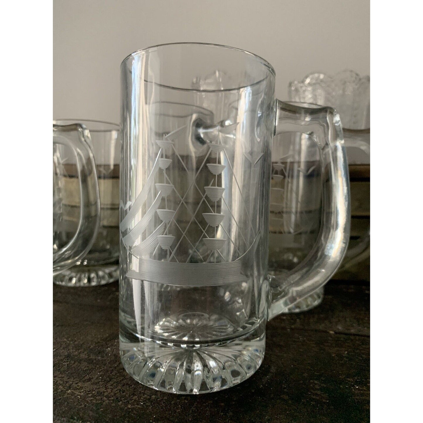 6 Javit Clipper Heritage Etched Nautical Ships Crystal Mugs USA 412C Sailboat