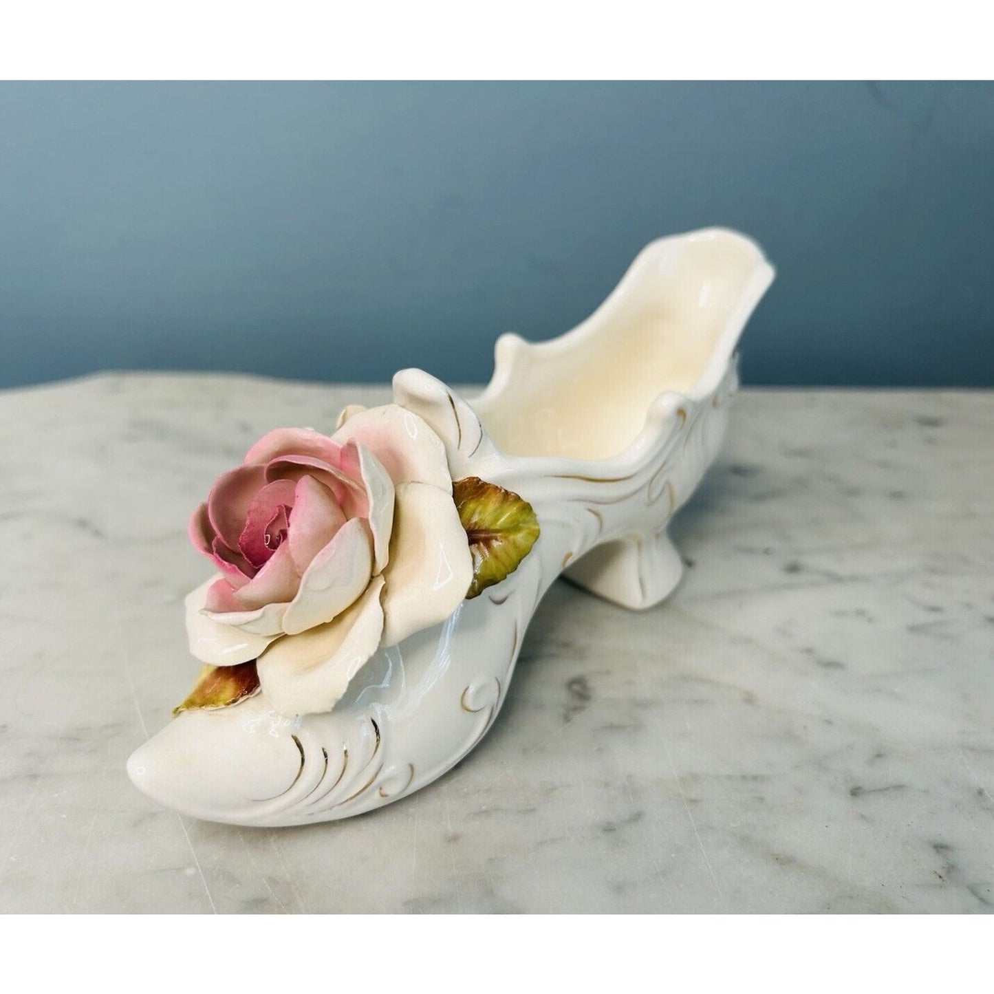 Vintage Vee Jackson 6” Long Ceramic Shoe Pink Rose Purple Flowers Gold Trim