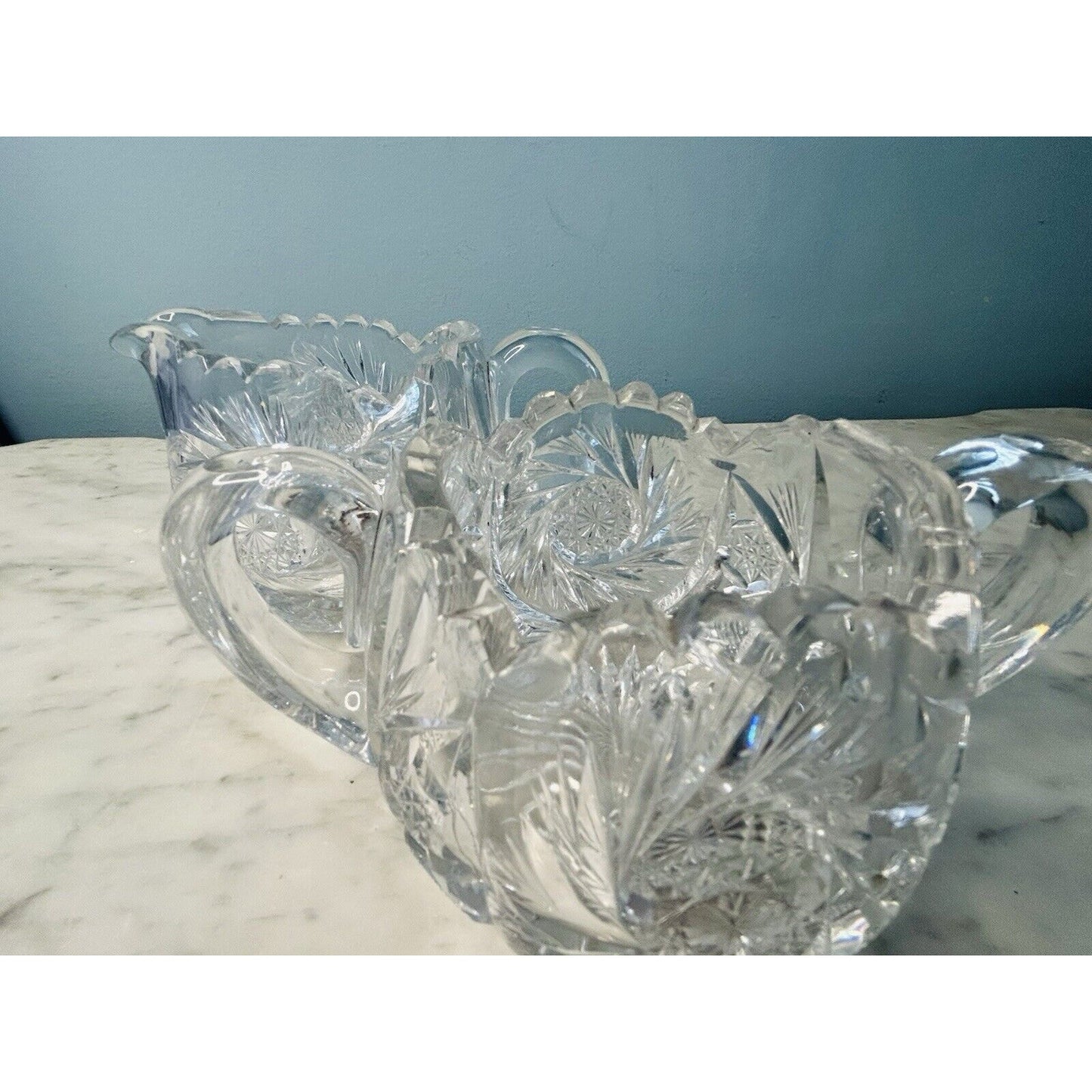 EUC American Brilliant Cut Crystal Glass Pinwheel Creamer Sugar Bowl Set ABP