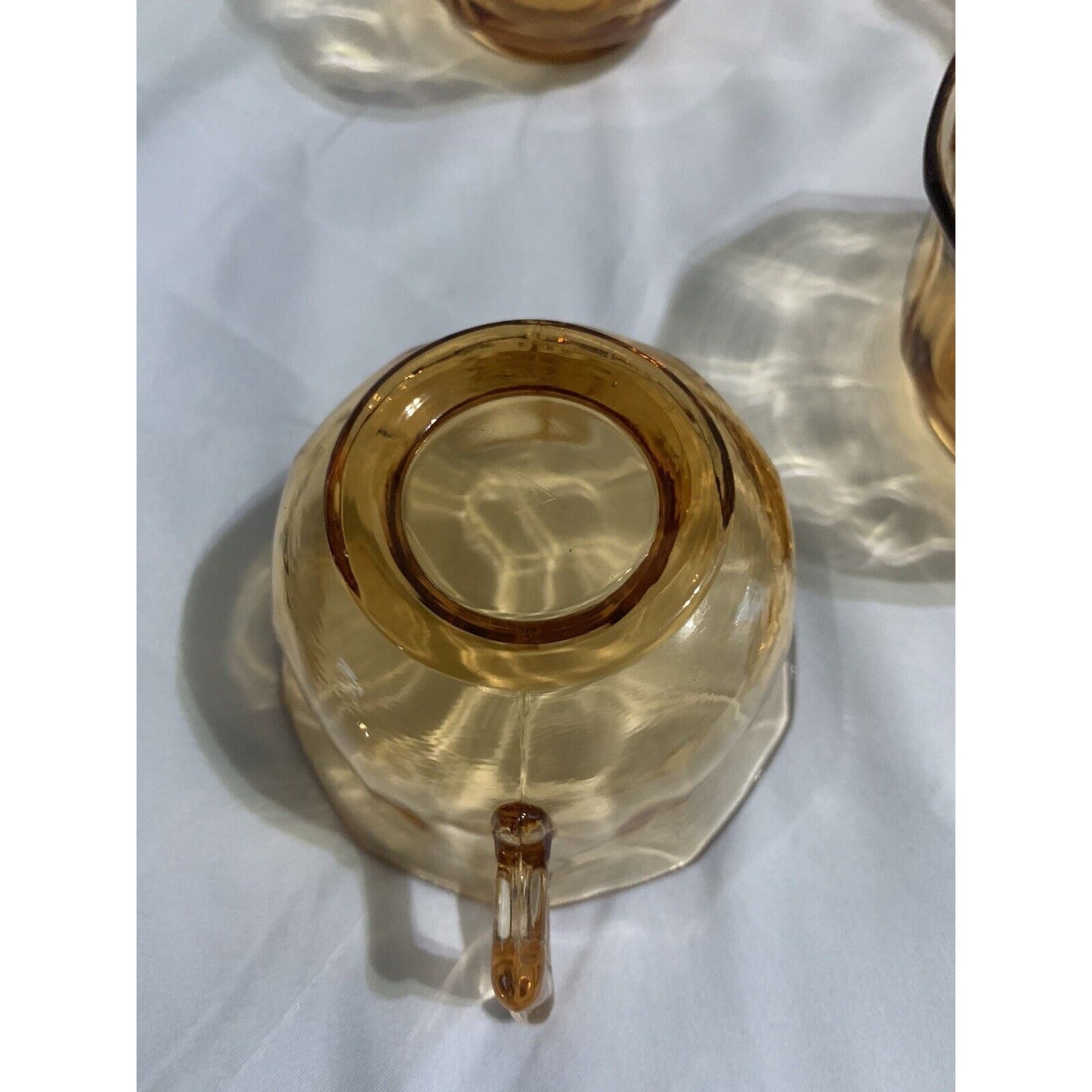 Cambridge Decagon Set of 8 Amber Glass Cups & Saucers Signed Great Condition