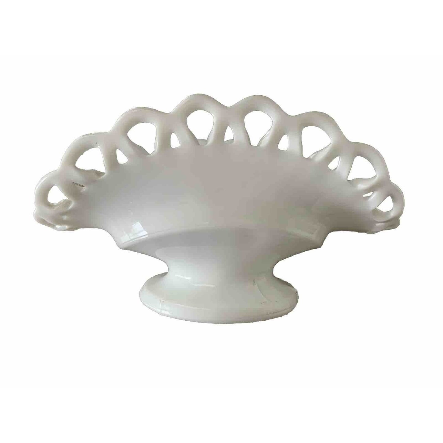 Vintage Milk Glass Lacy Edge White Pedestal Banana Boat Dish Collectible MCM