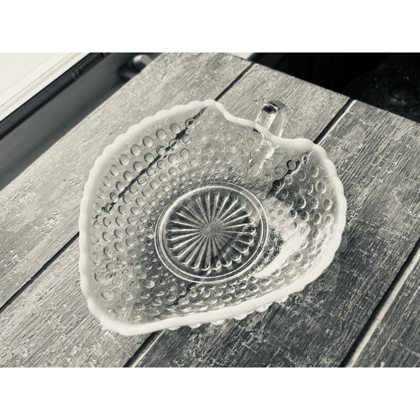 Vintage Hobnail Opalescent Edge Heart shaped Bowl Dish White Trim Moonstone