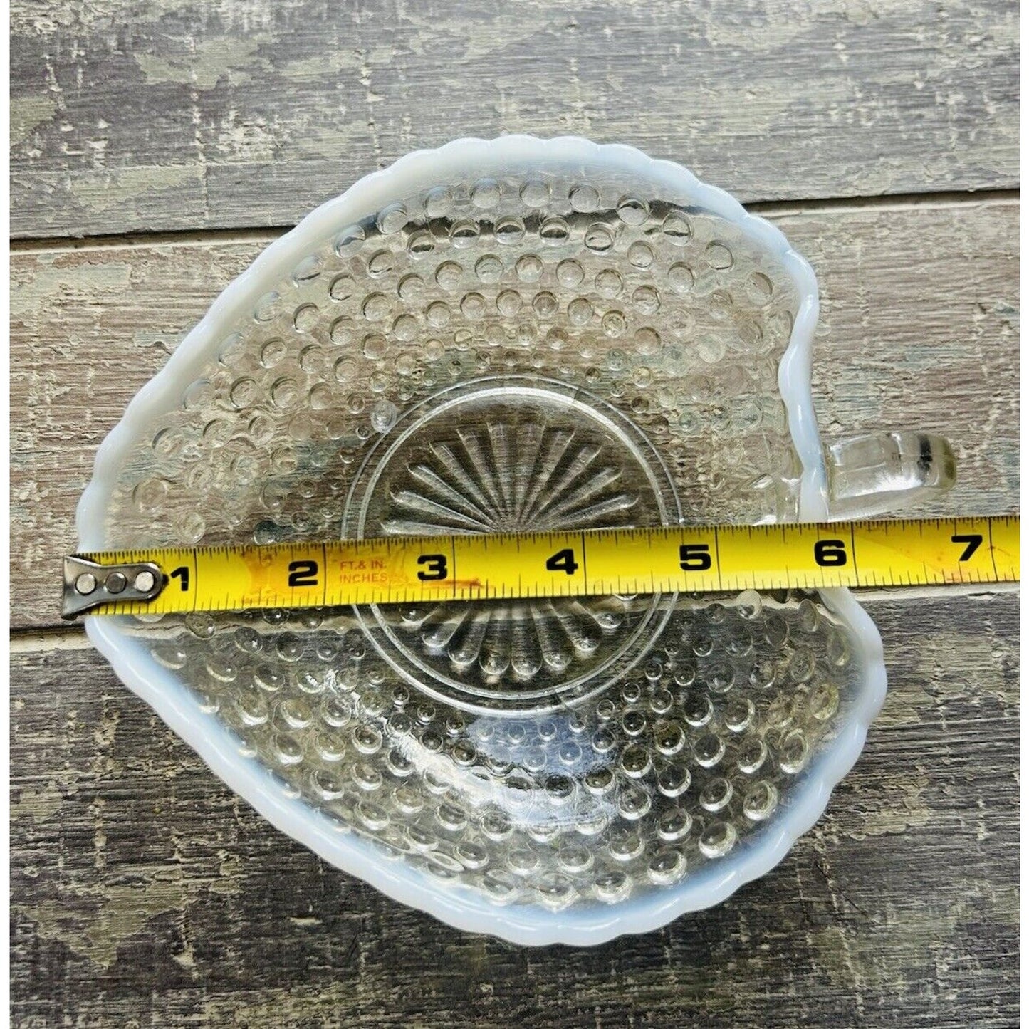 Vintage Hobnail Opalescent Edge Heart shaped Bowl Dish White Trim Moonstone