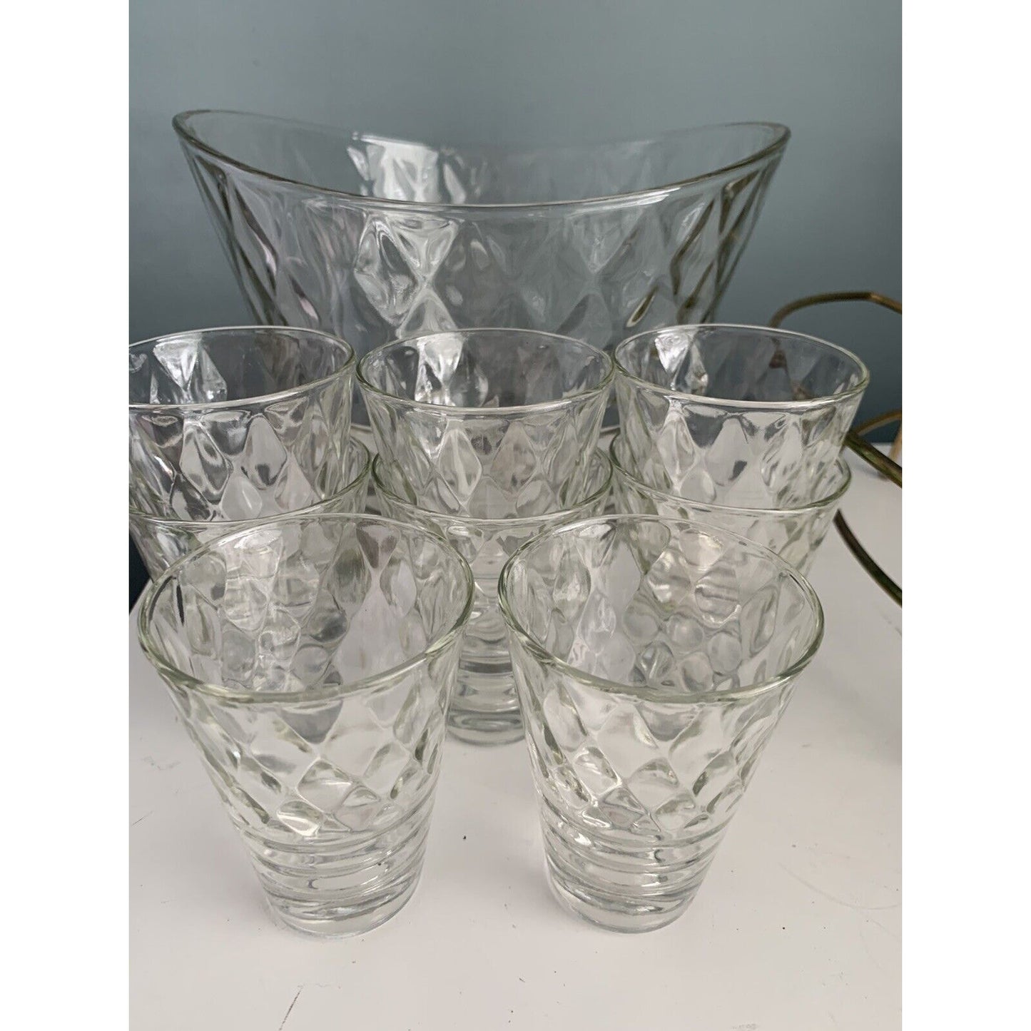 Vintage Ice Bucket Jeannette Glass 8 Glasses MCM Clear Gold Wire Holder Diamond