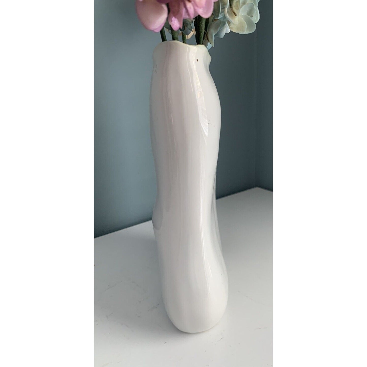 Modern White Vase Art Deco Oblong Unique Shape MCM Style 9” Statement Home Decor