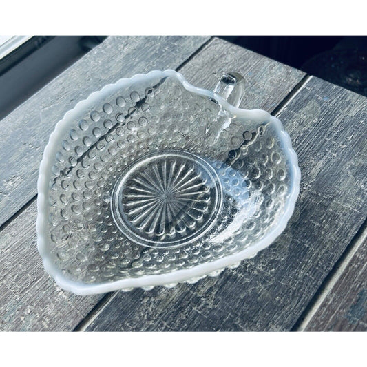 Vintage Hobnail Opalescent Edge Heart shaped Bowl Dish White Trim Moonstone