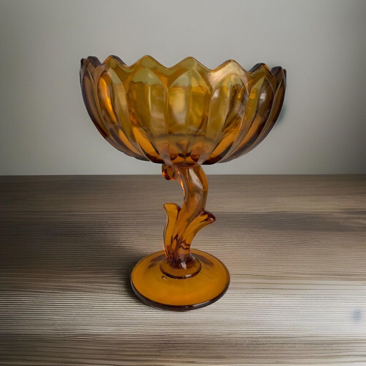 Vintage Indiana Glass Amber Lotus Blossom Pedistal Compote 7.5" Tall Fall Bowl