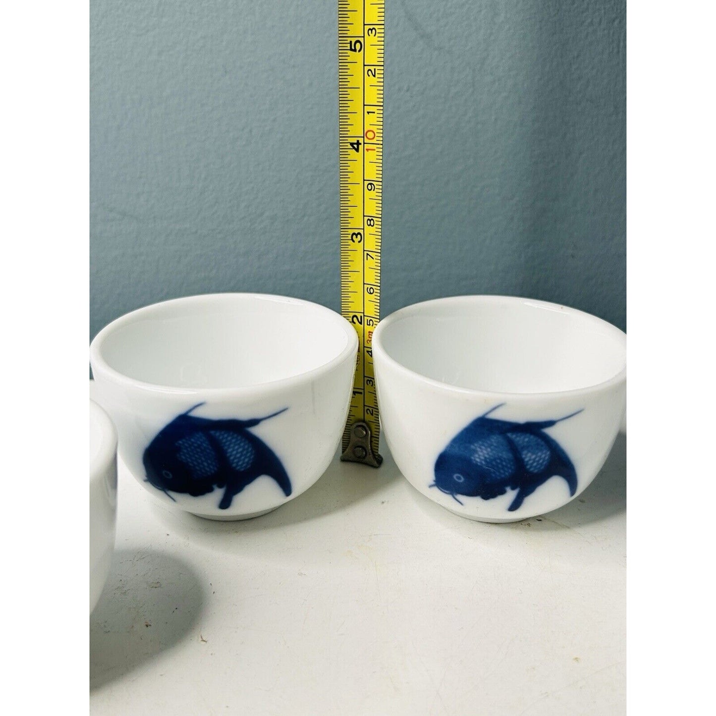 4 Misty Rose Blue Koi Cups Super White China Fish Sake Tea Condiment Bowls EUC