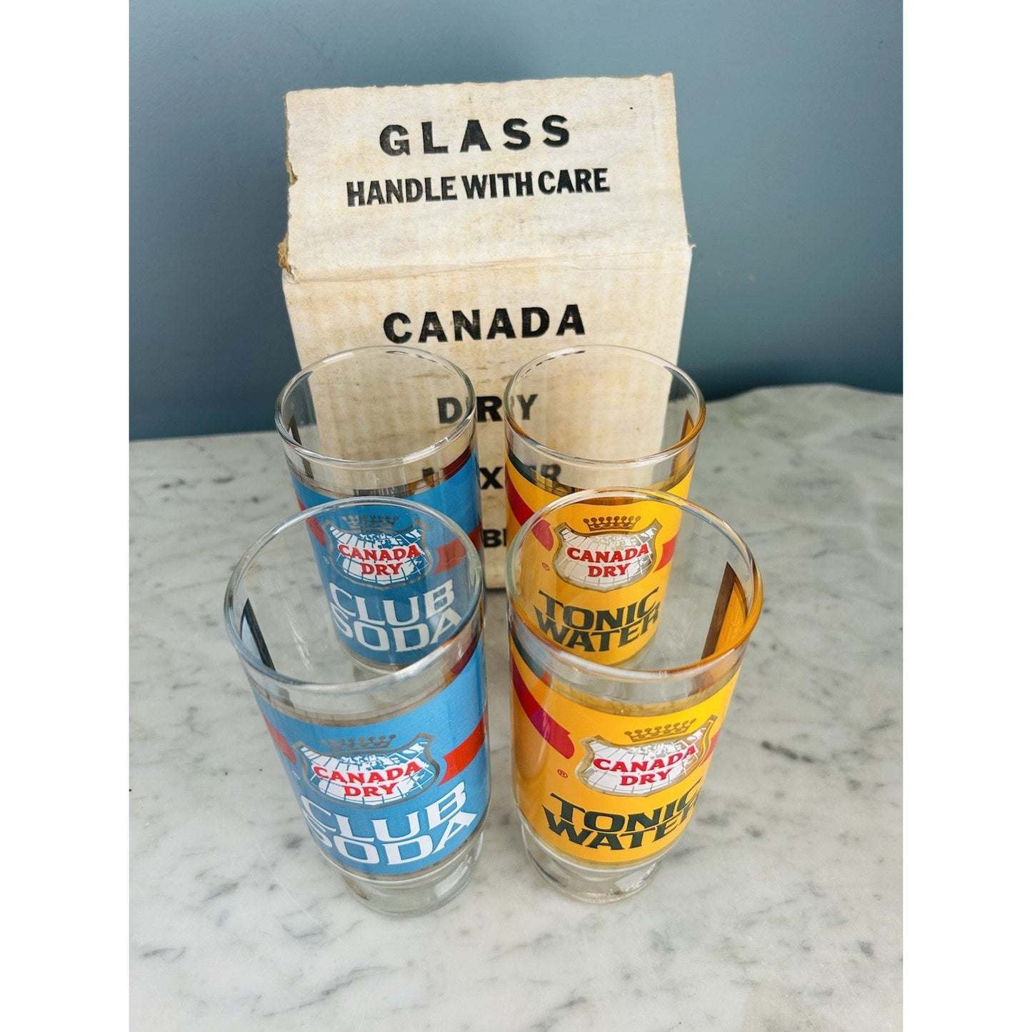 New Canada Dry Club Soda Tonic Water 7” Glass Tumblers Vintage NIB New Old Stock