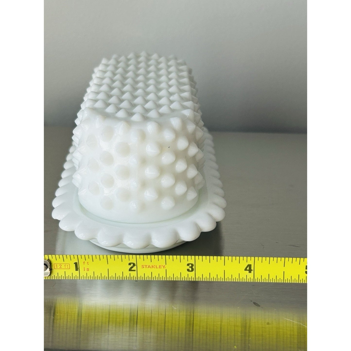 Vintage Fenton Covered Butter Dish Milk Glass English Hobnail Scalloped Edge