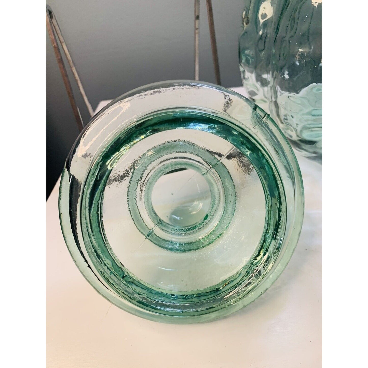 Green Glass Apothecary Jar 15” Tall Glass w/ Lid Melon Shaped Home Decor Large