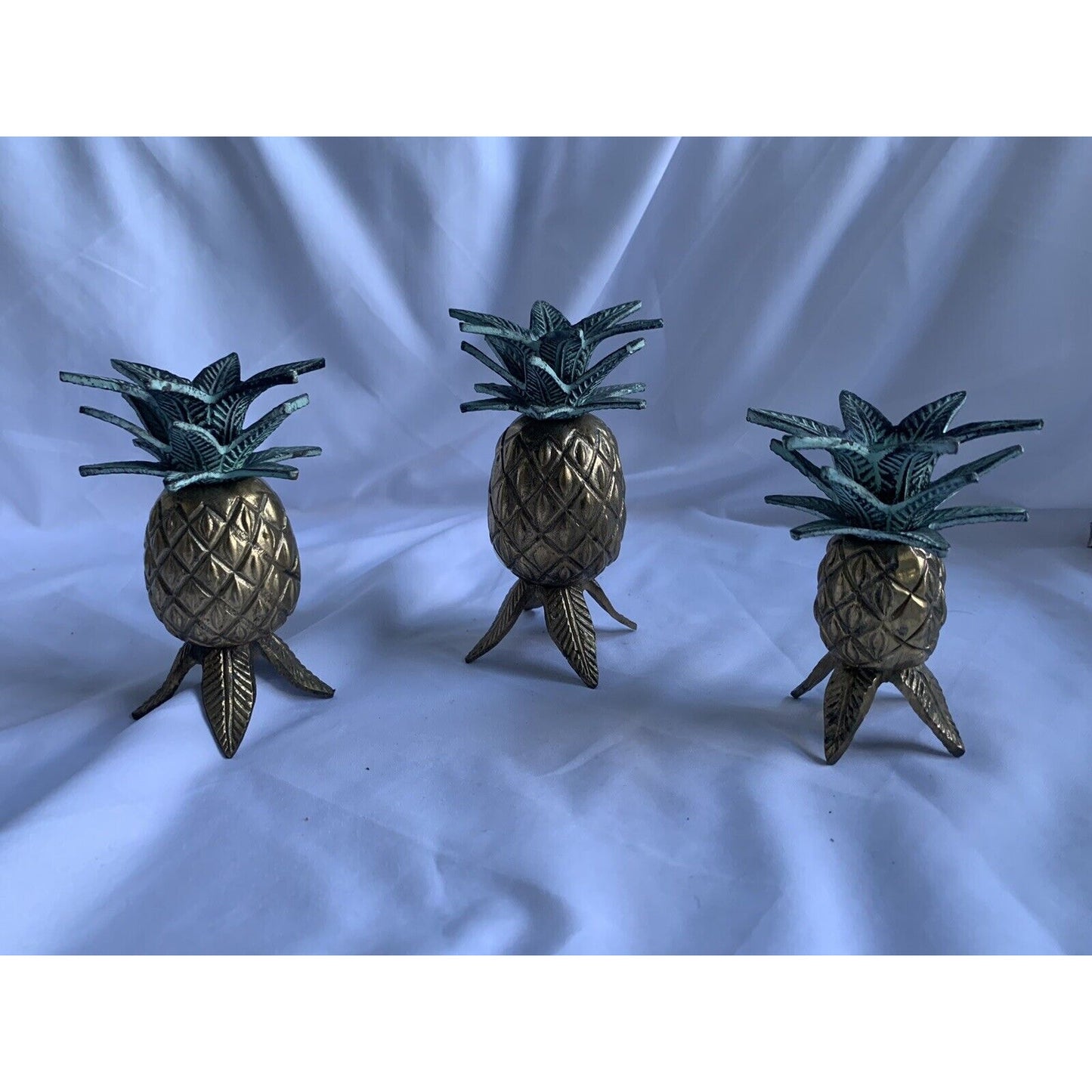 3 Vintage Heavy Antique Brass Pineapple Candlestick Holders Bohemian Retro