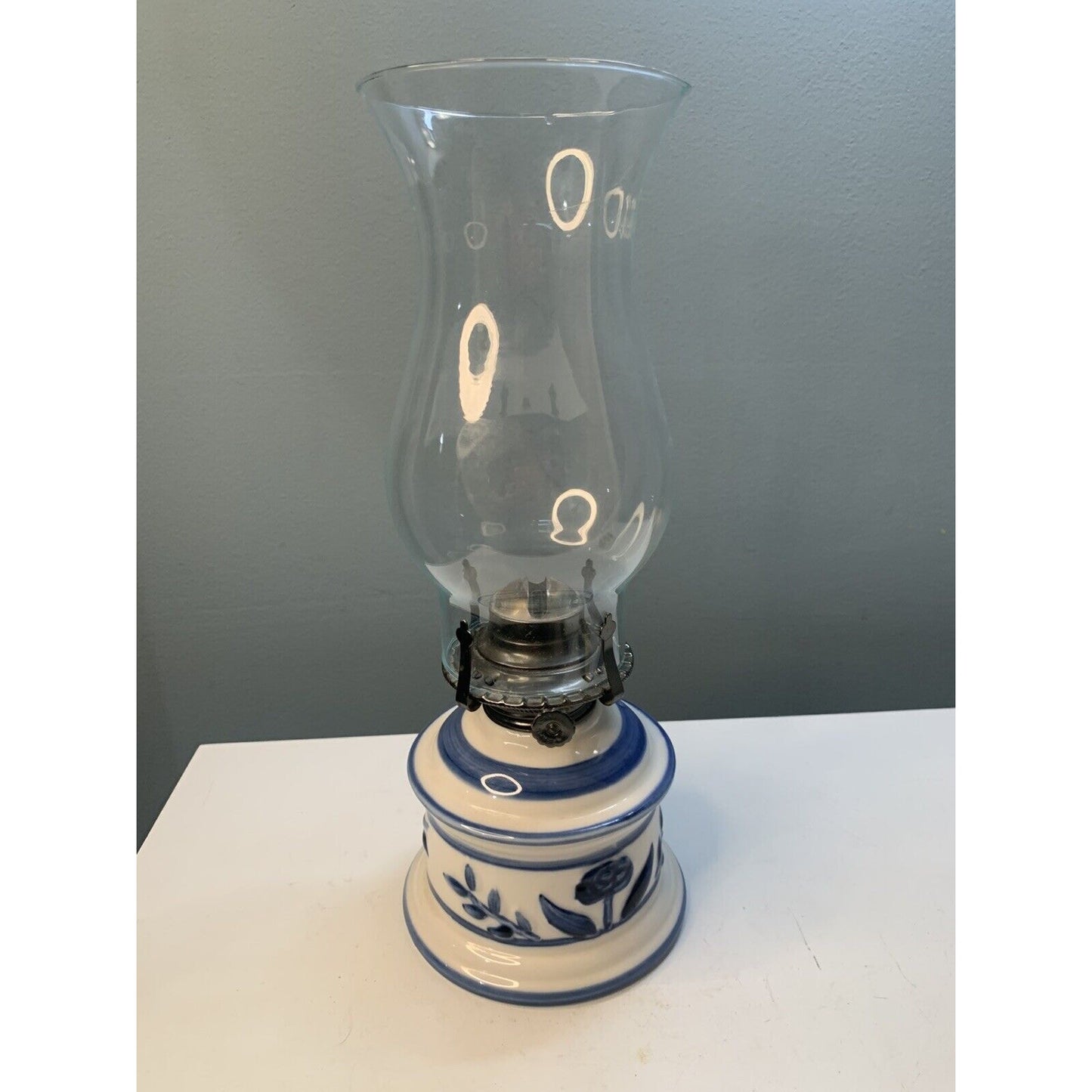 Vintage Lamplight Farms USA Ceramic Delft Style Hurricane Oil Lamp Blue Floral