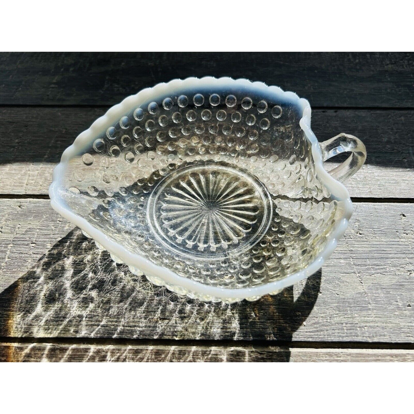 Heart Serving Dish Anchor Hocking Moonstone Opalescent Hobnail Ruffle Rim Handle