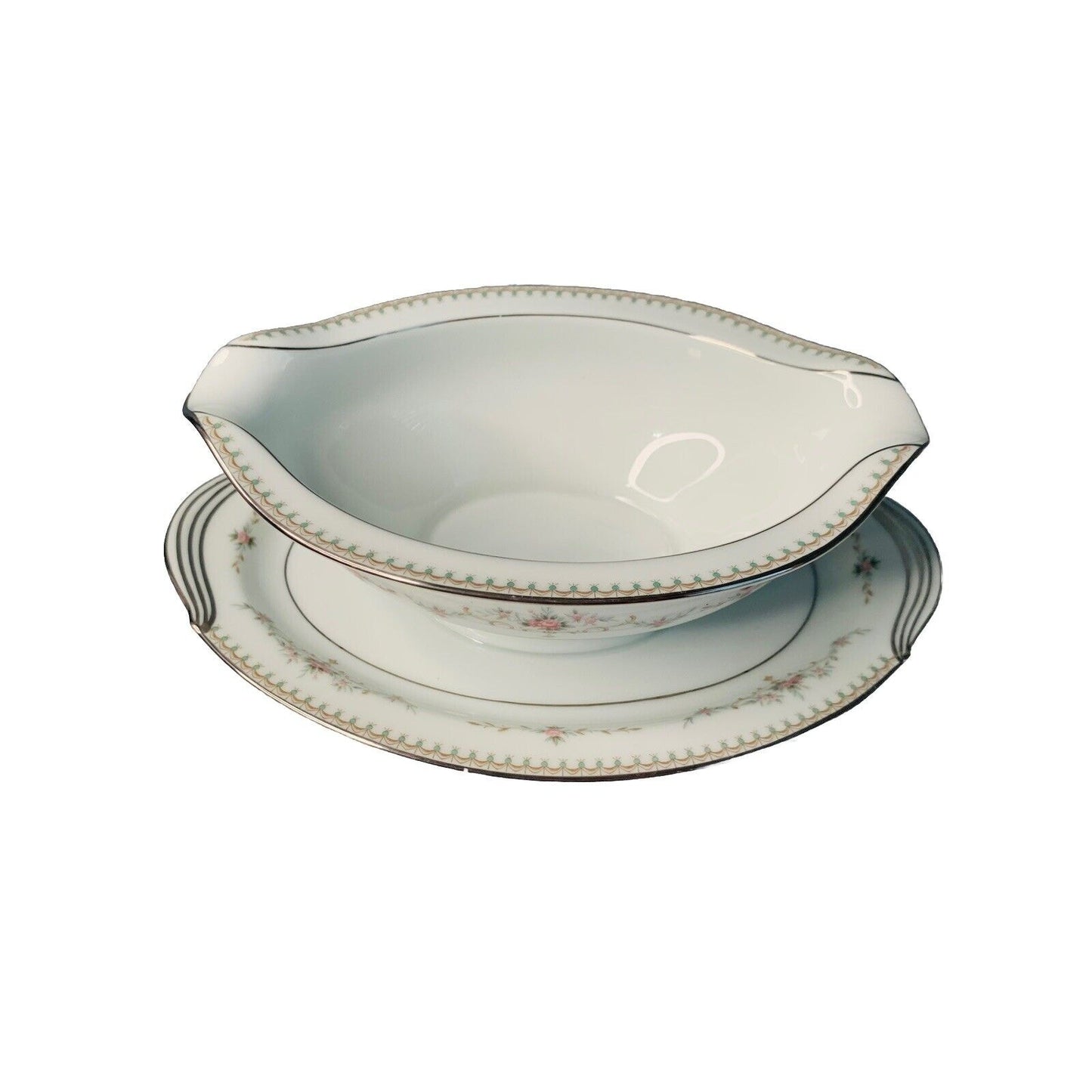 Noritake Fairmont 6102 8 3/4" Gravy Bowl w/ Attached Plate Silver Platinum Trim