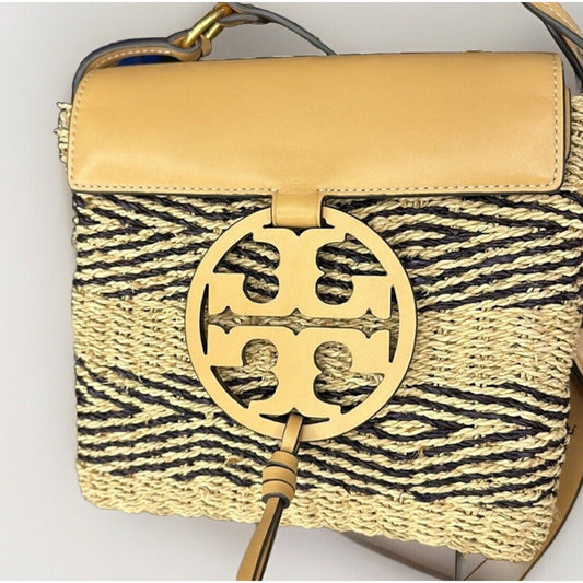 Tory Burch Miller Blue Stripe Woven Raffia Straw Leather Crossbody Bag 2304