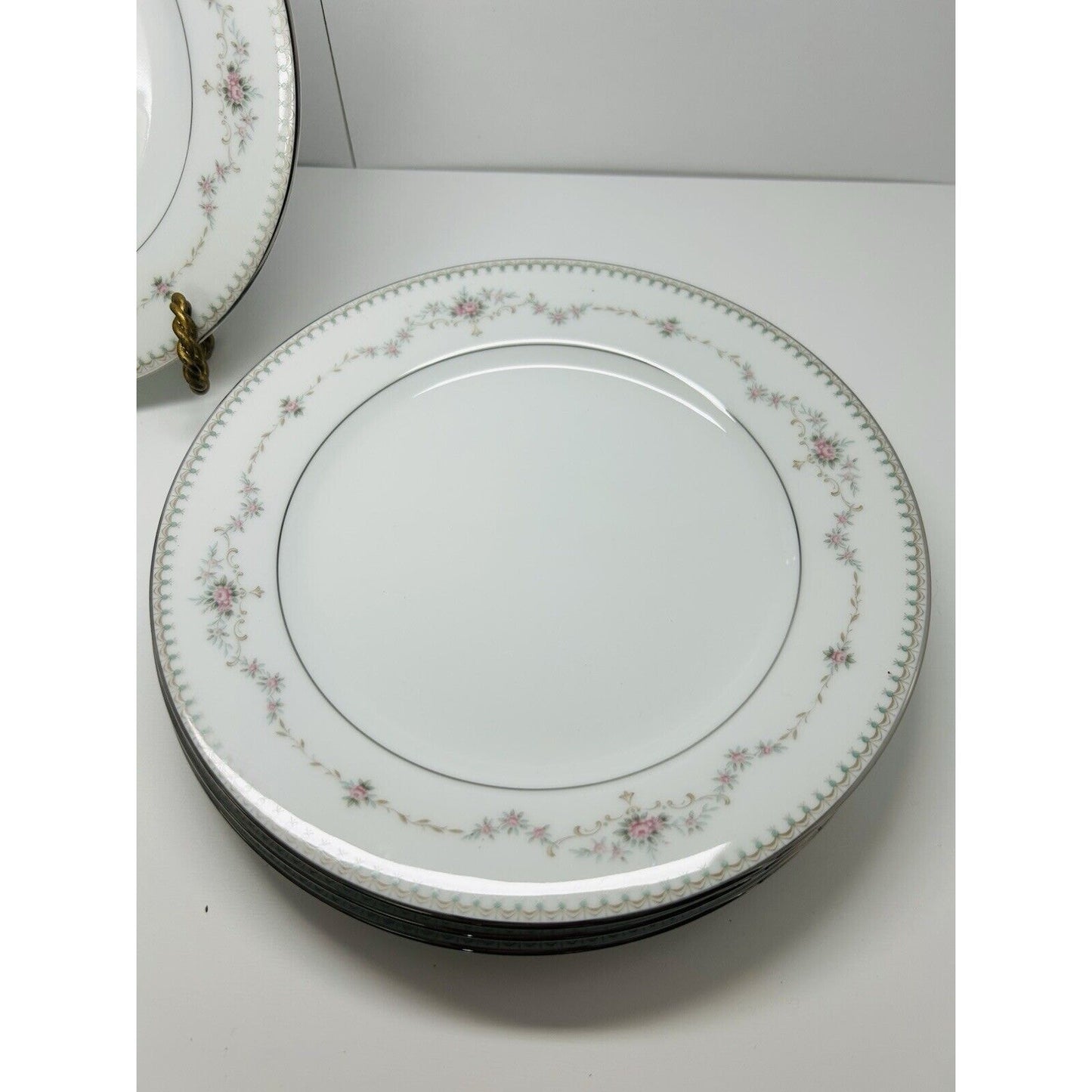 4 Noritake China Fairmont 6102 8 1/4" Salad Plate Platinum Trim New Pink Flowers