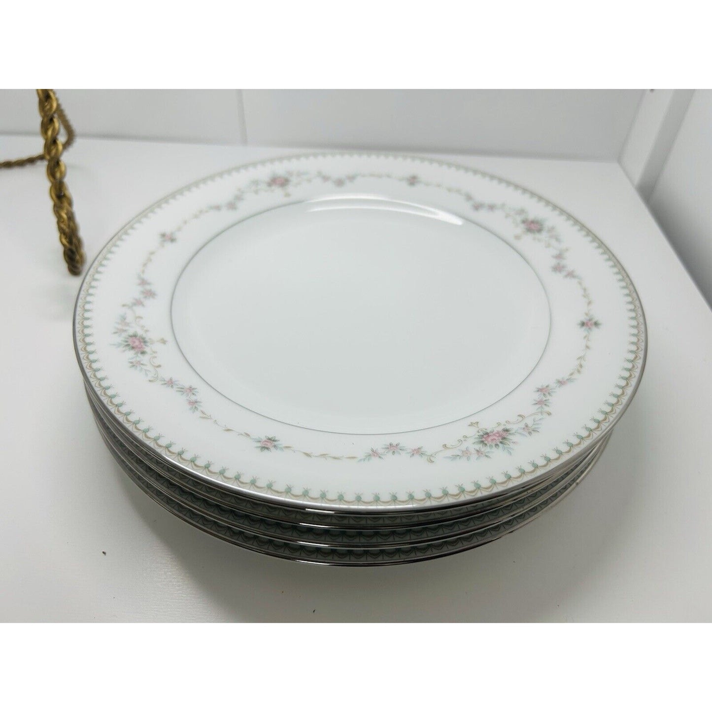 4 Noritake China Fairmont 6102 8 1/4" Salad Plate Platinum Trim New Pink Flowers