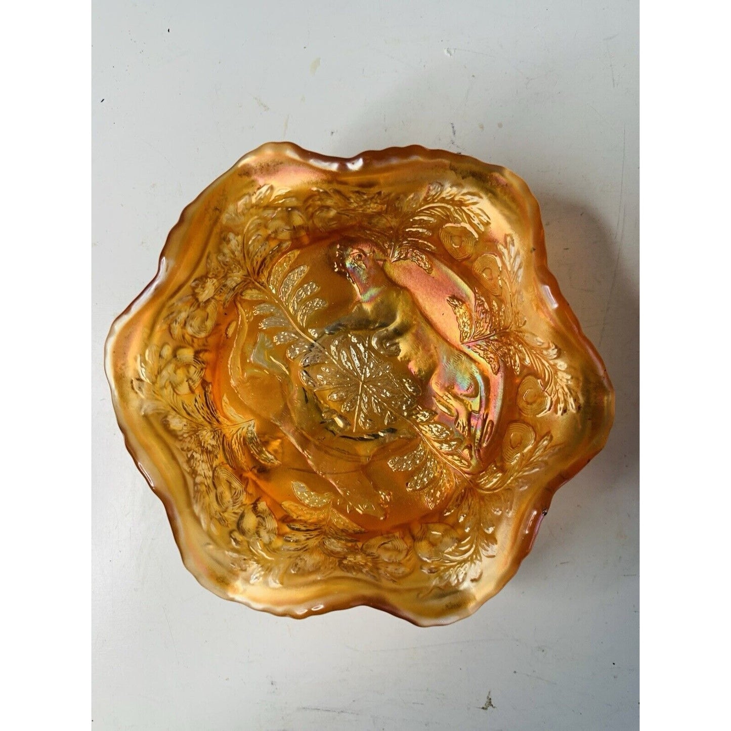 Antique Carnival Glass Fenton Panthers Marigold Ruffled Berry Bowl 1914 3-Footed