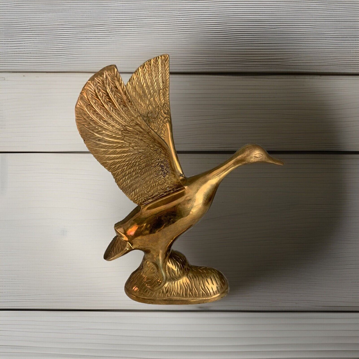 Vintage Solid Brass Taking Off Flying Duck Wings Up 14.75'' Tall