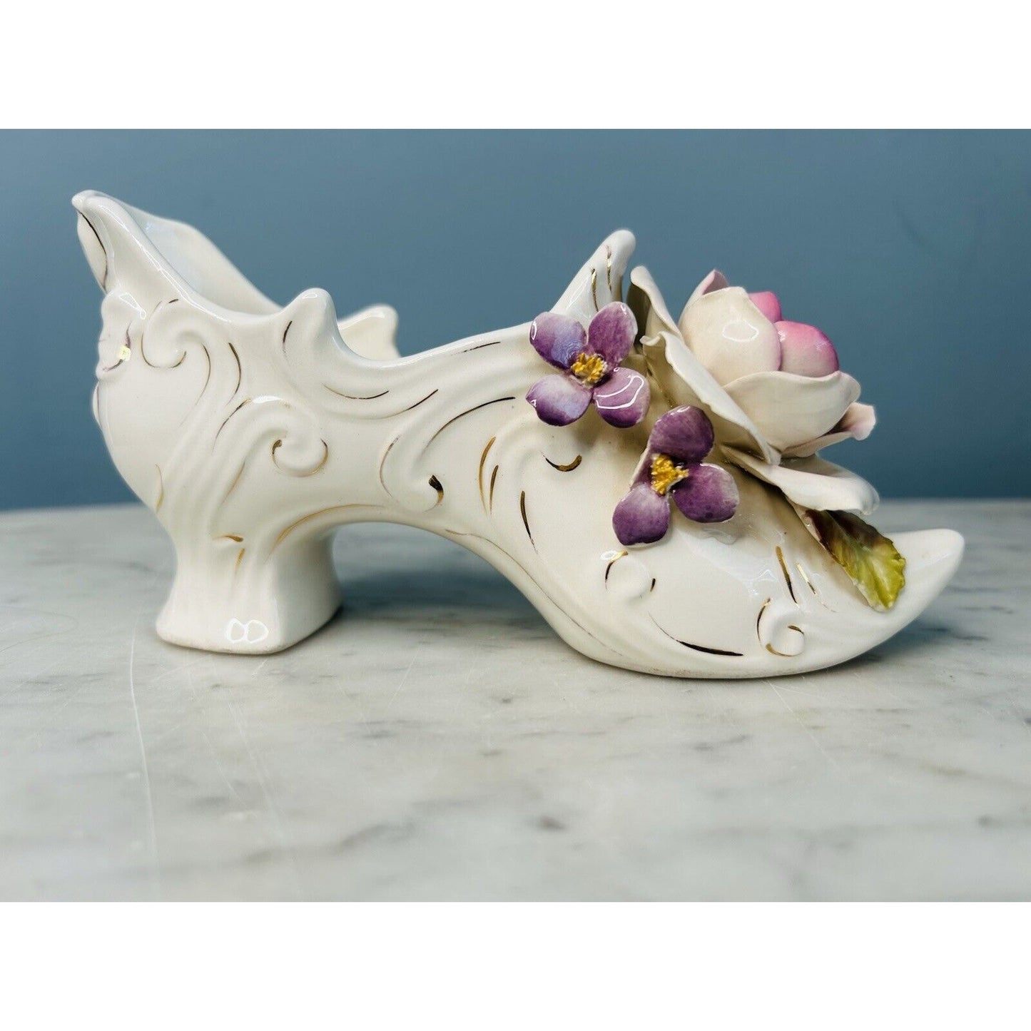 Vintage Vee Jackson 6” Long Ceramic Shoe Pink Rose Purple Flowers Gold Trim