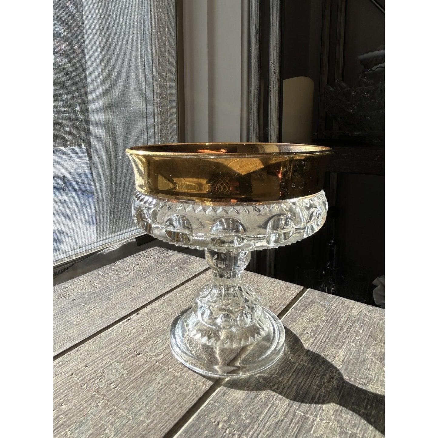 Indiana Glass Kings Crown Gold Trim Pedestal Candy Dish Compote 5 1/4" H Vintage