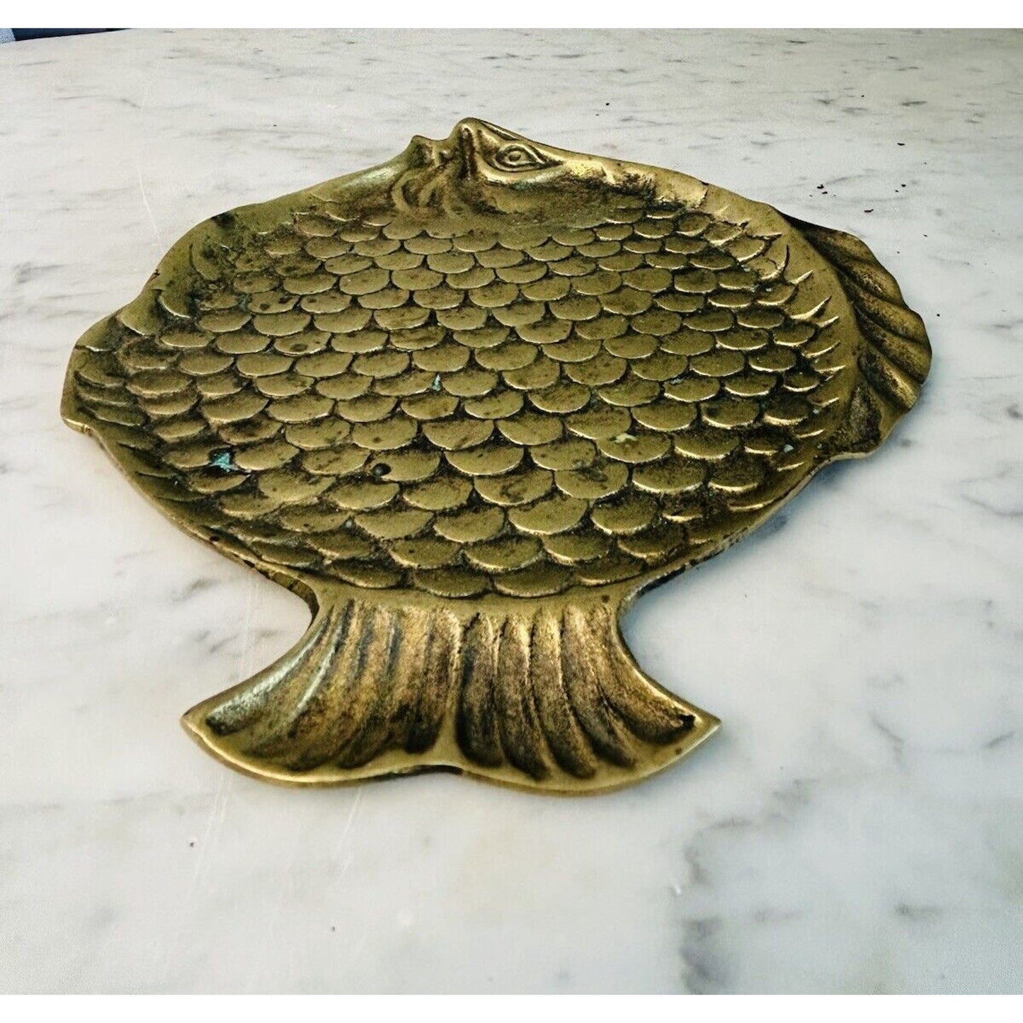 Vintage Brass Fish Shaped Trinket Dish Small Plate 8.5” Length 3D Scales Patina