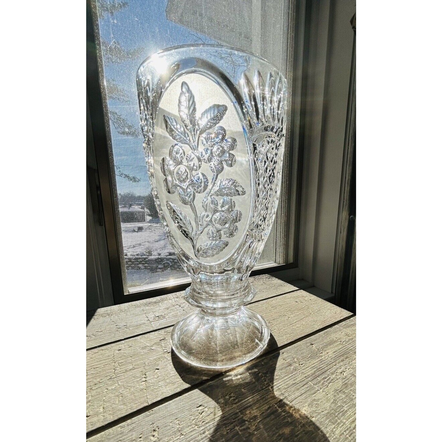 Vintage Kristal Zajecar Floral Cut Lead Crystal 10” Vase Clear Frosted Glass