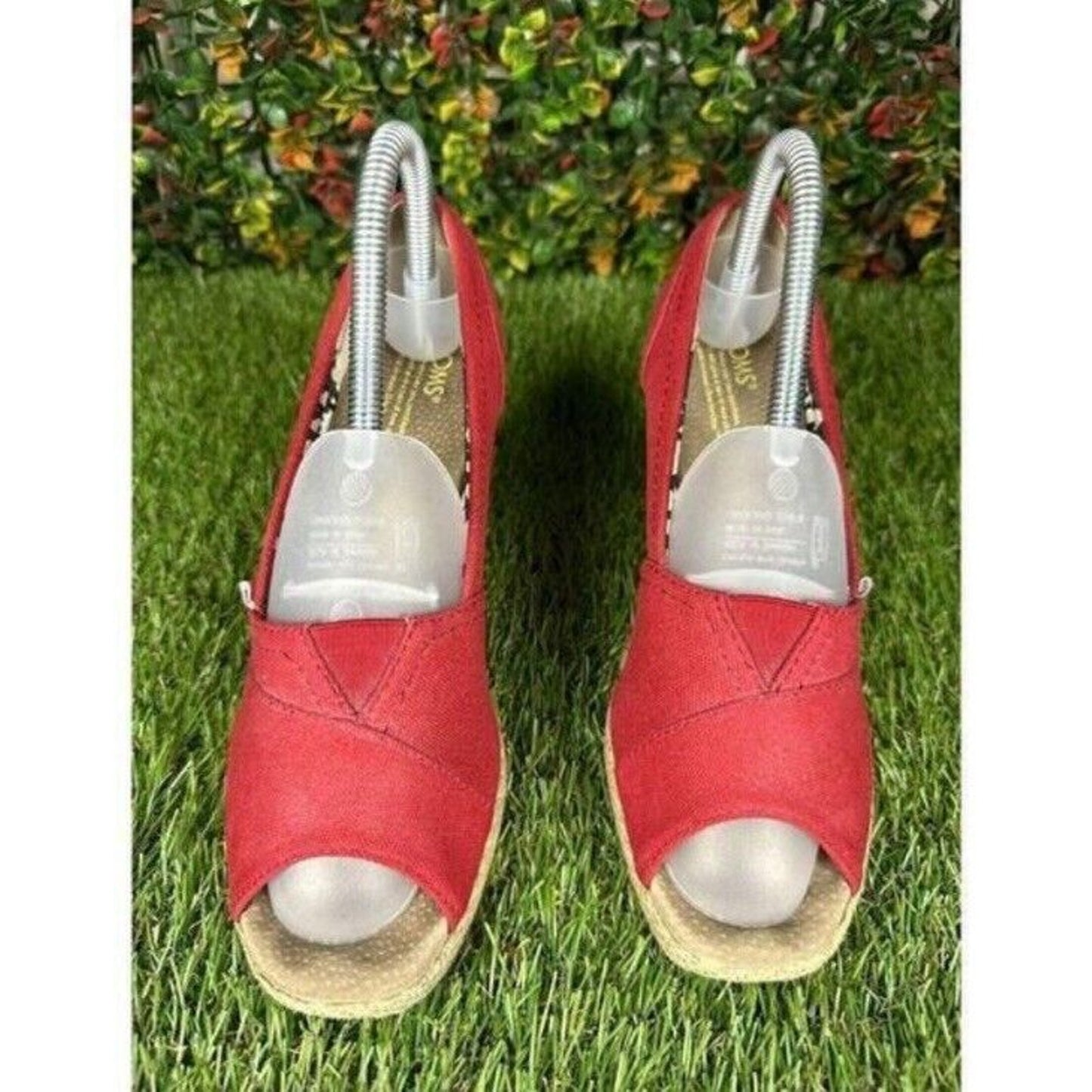 Toms Womens Wedges Size 7.5W Wide Red Classic Canvas Espadrille Slip On Peep Toe