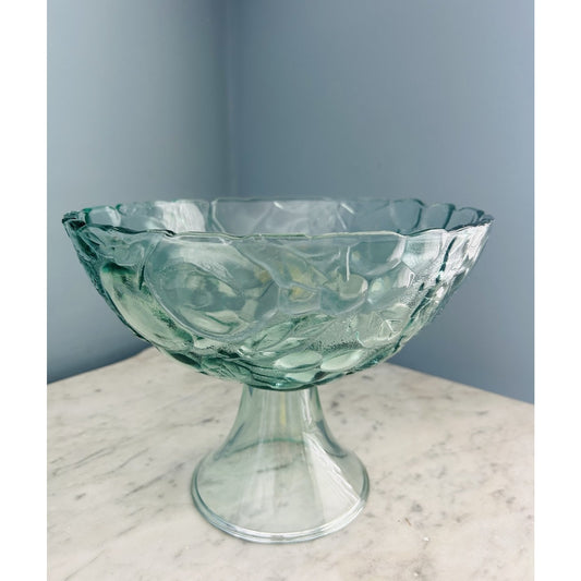 Vintage Madeira Green Glass Footed Fruit Bowl Compote Centerpiece Grapes Leaf