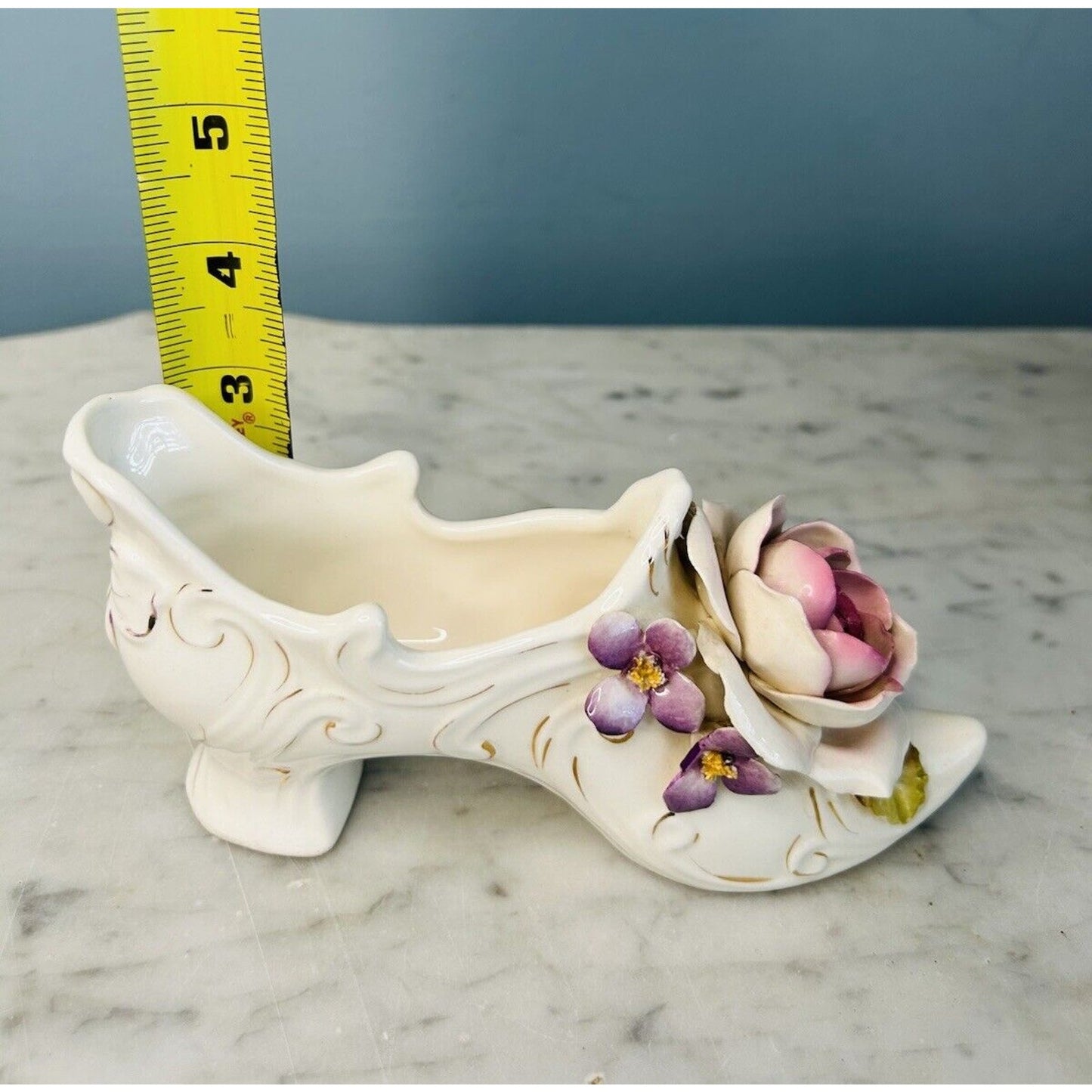 Vintage Vee Jackson 6” Long Ceramic Shoe Pink Rose Purple Flowers Gold Trim