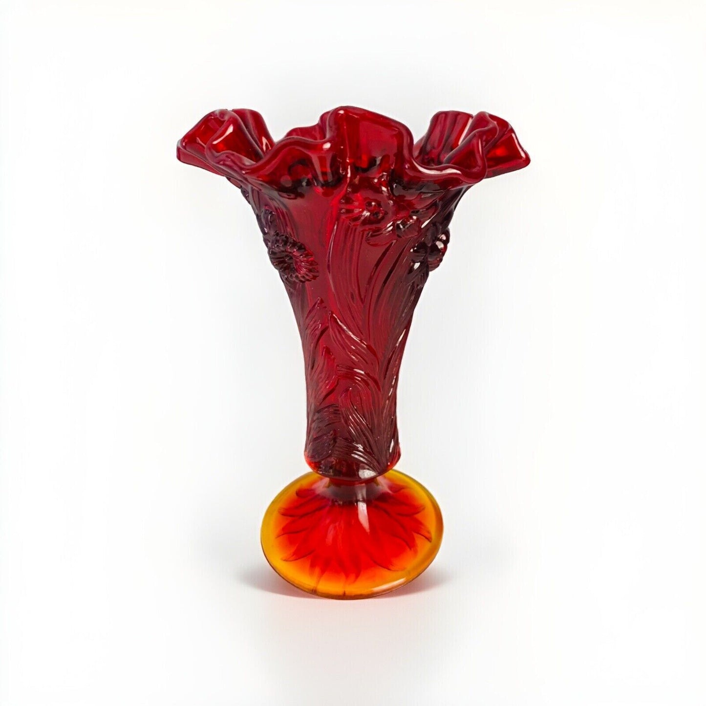 EUC Fenton Glass Ruby Red Amberina Stretch Vase Flowers Ruffled Tulip Orange